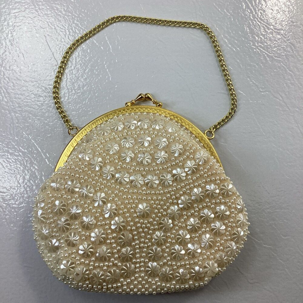 Vintage Security Quality Plus Ivory Beaded Cream Clutch with Gold Chain